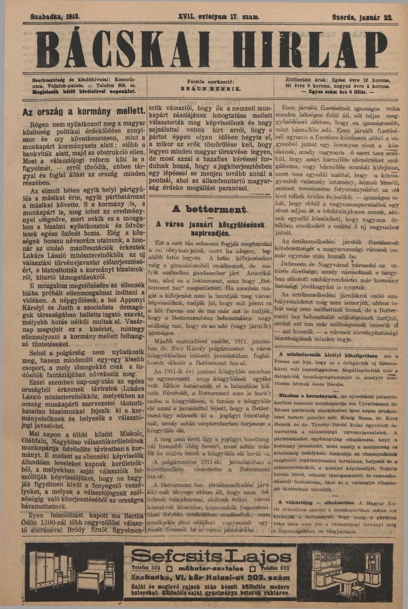 Bácskai Hirlap, 17. évf. 1913. január 22. 17. sz.