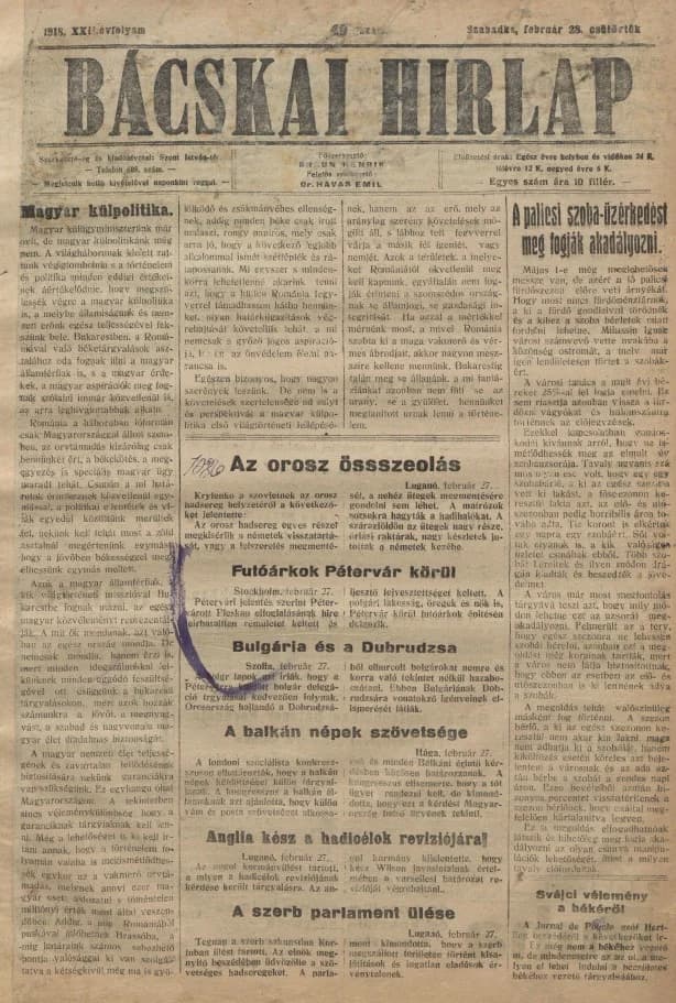 Bácskai Hirlap, 22. évf. 1918. február 28. 49. sz.