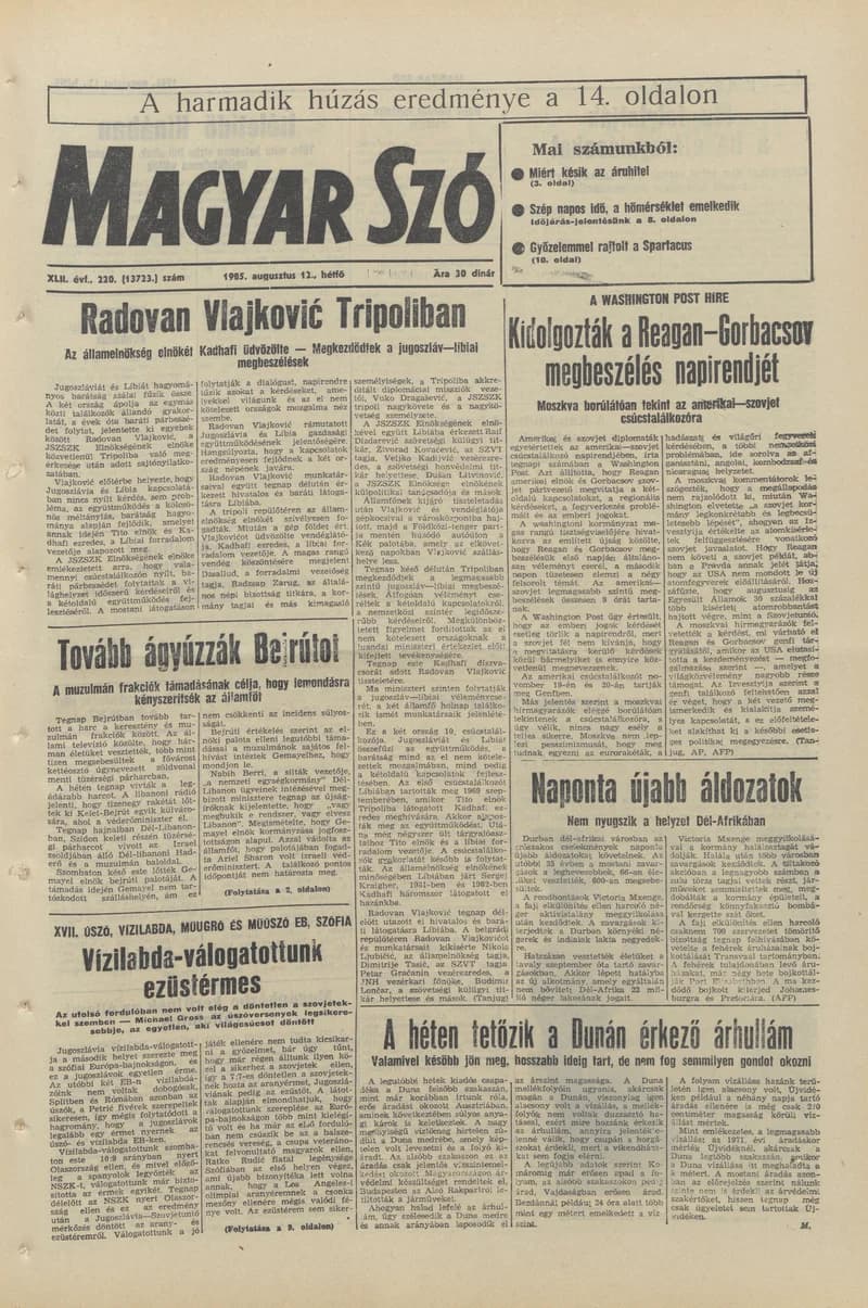 Magyar Szó, 42. évf. 1985. augusztus 12. 220. sz. 1–16. oldal