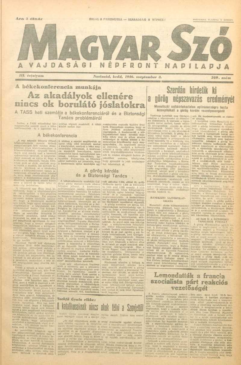 Magyar Szó, 3. évf. 1946. szeptember 3. 209. sz. 1–6. oldal