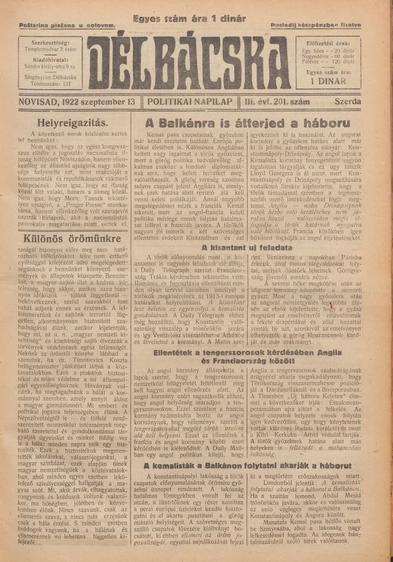 Délbácska, 3. évf. 1922. szeptember 13. 201. sz.