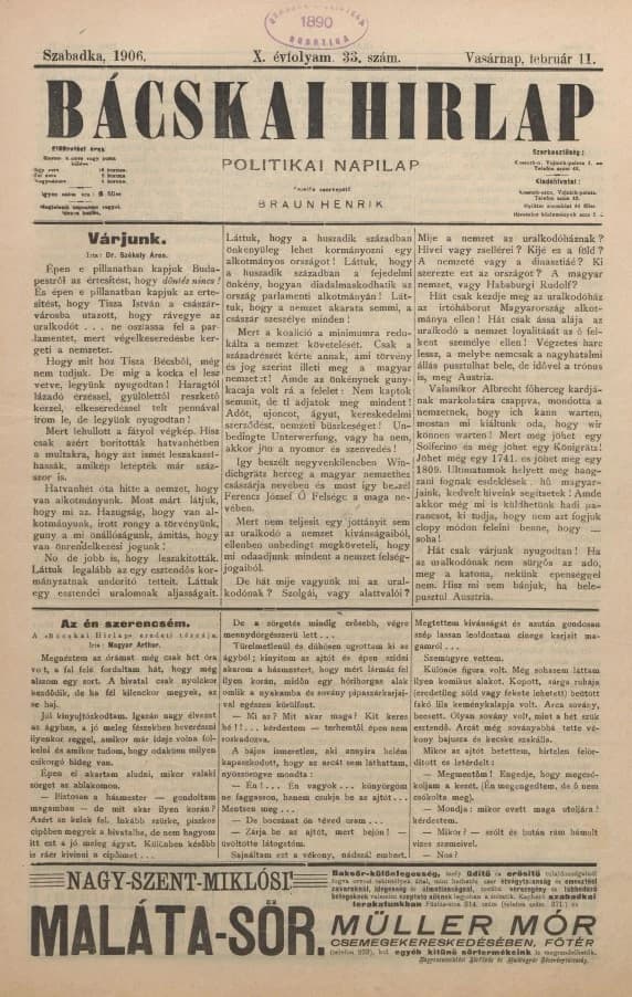 Bácskai Hirlap, 10. évf. 1906. február 11. 33. sz.