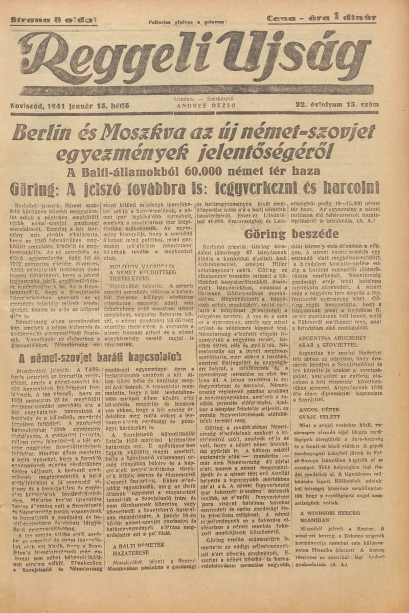 Reggeli Újság, 22. évf. 1941. január 13. 13. sz.