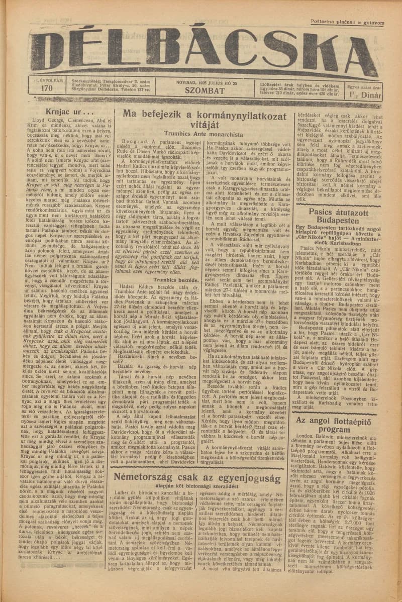 Délbácska, 6. évf. 1925. július 25. 170. sz.