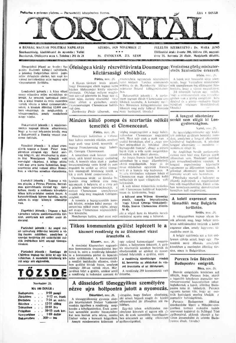 Torontál, 58. évf. 1929. november 27. 273. sz.
