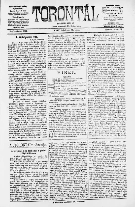 Torontál, 29. évf. 1900. február 17. 39. sz.