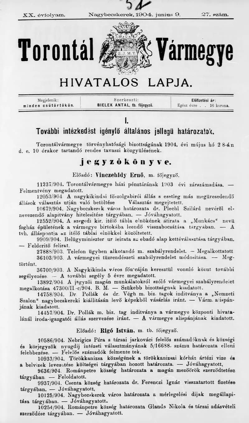 Torontál Vármegye Hivatalos Lapja, 20. évf. 1904. június 9. 27. sz.