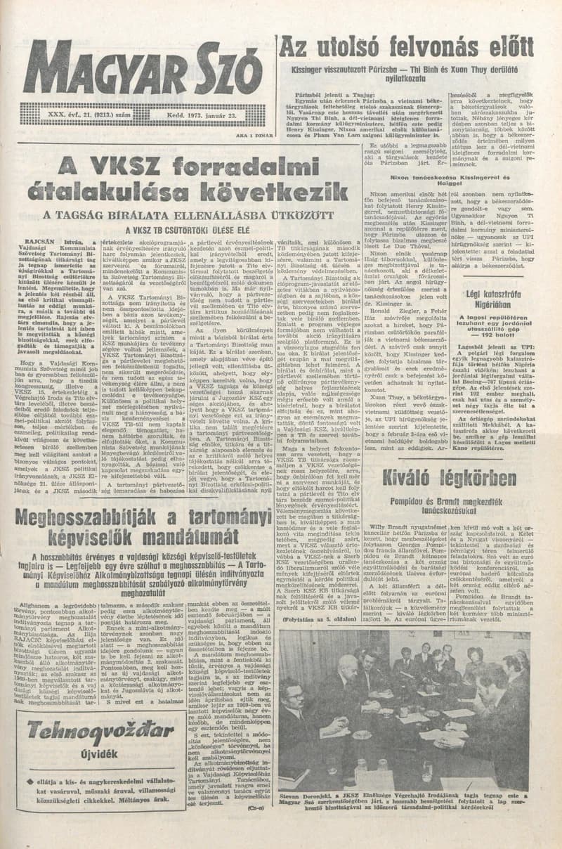 Magyar Szó, 30. évf. 1973. január 23. 21. sz. 1–20. oldal