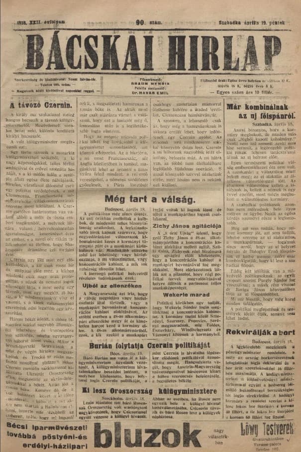 Bácskai Hirlap, 22. évf. 1918. április 19. 90. sz.