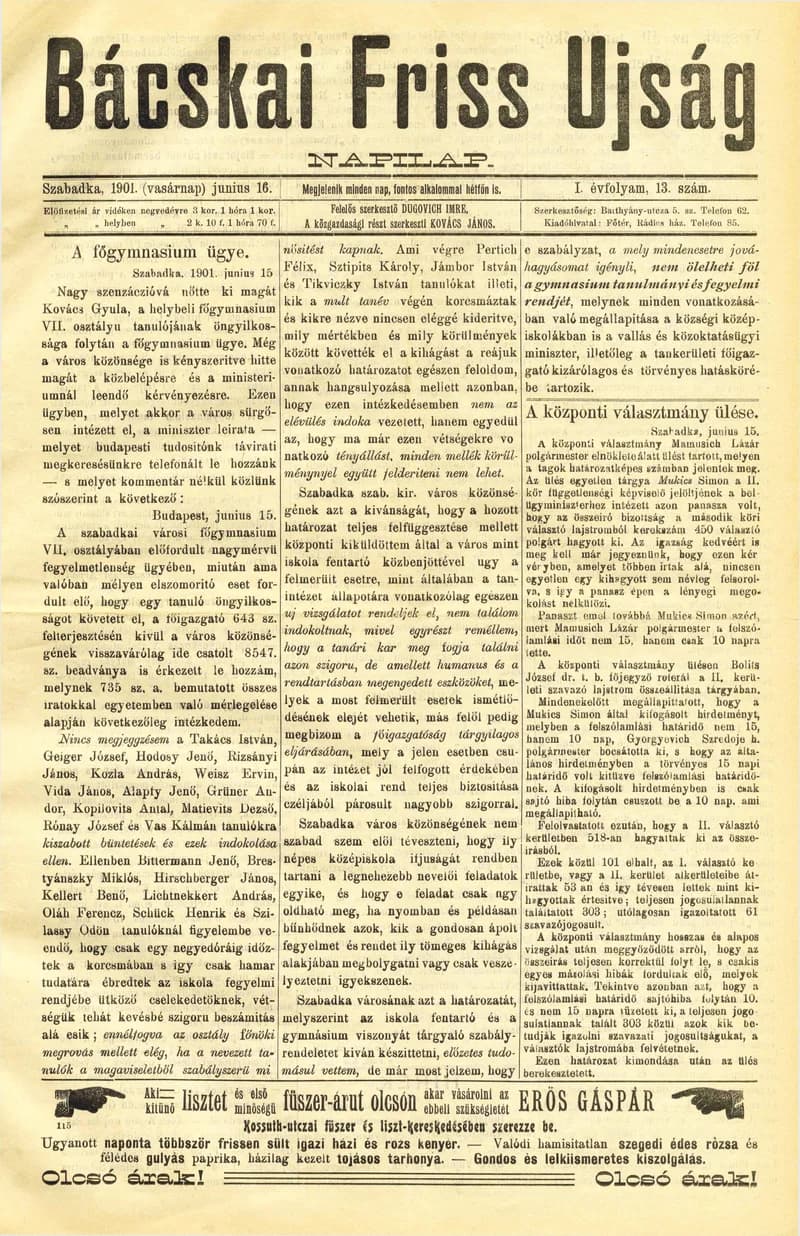 Bácskai Friss Ujság, 1. évf. 1901. június 16. 13. sz.
