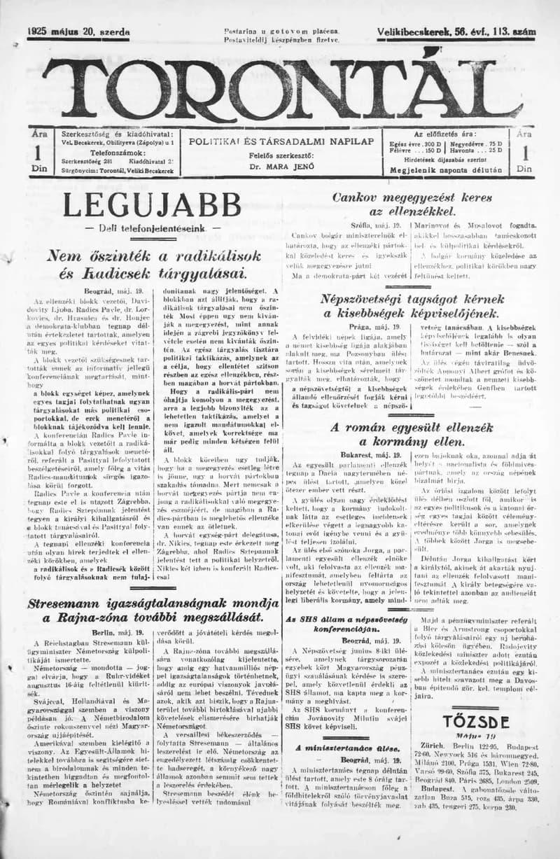 Torontál, 54. évf. 1925. május 20. 113. sz.