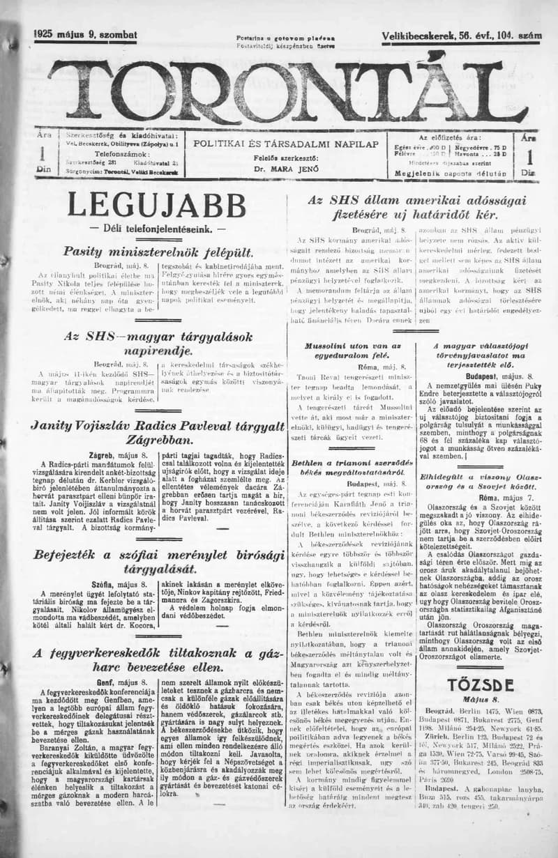 Torontál, 54. évf. 1925. május 9. 104. sz.