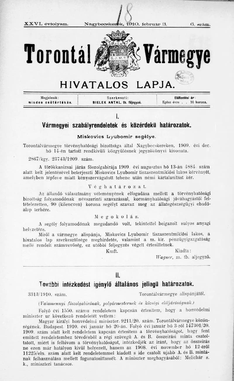 Torontál Vármegye Hivatalos Lapja, 26. évf. 1910. február 3. 6. sz.