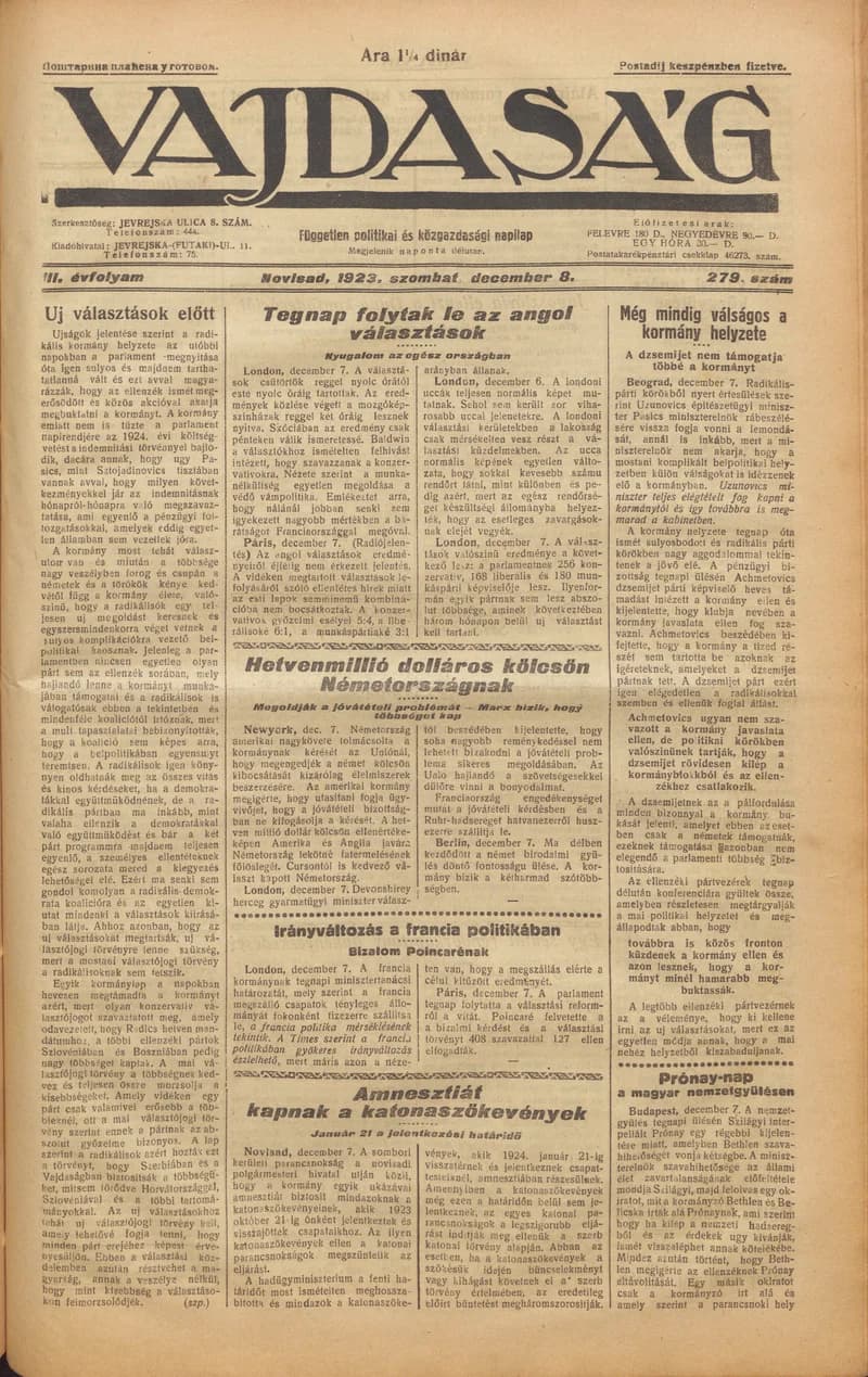 Vajdaság, 3. évf. 1923. december 8. 279. sz.