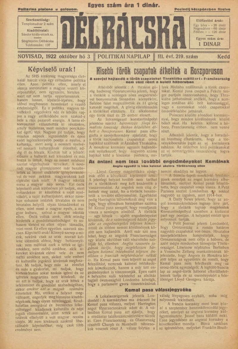 Délbácska, 3. évf. 1922. október 3. 219. sz.