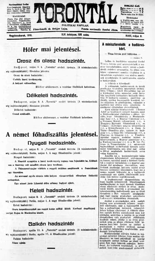 Torontál, 45. évf. 1916. május 8. 105. sz.