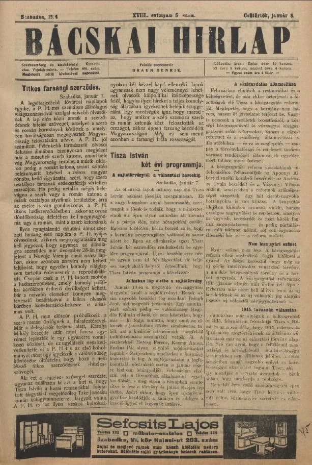 Bácskai Hirlap, 18. évf. 1914. január 8. 5. sz.