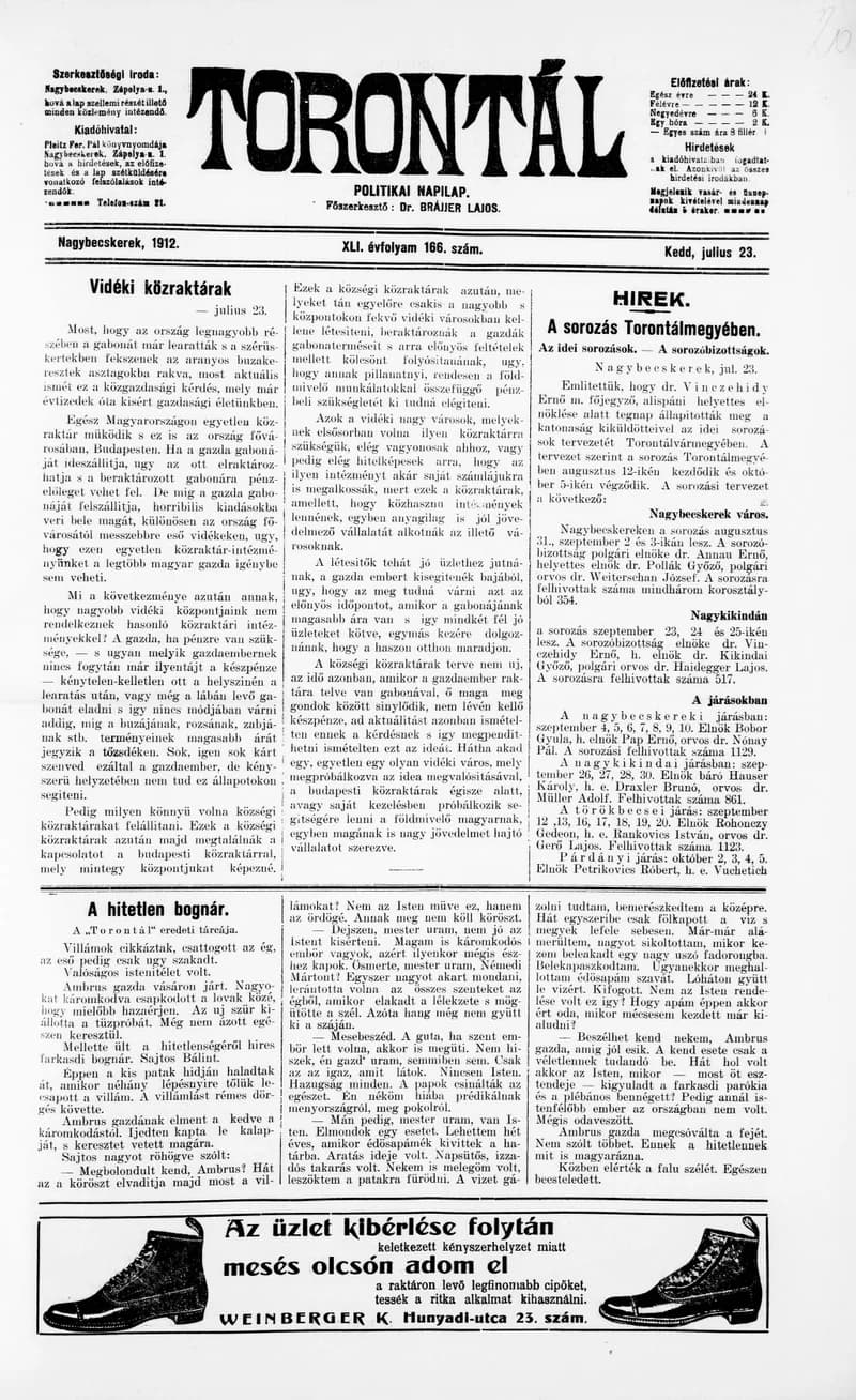 Torontál, 41. évf. 1912. július 23. 166. sz.
