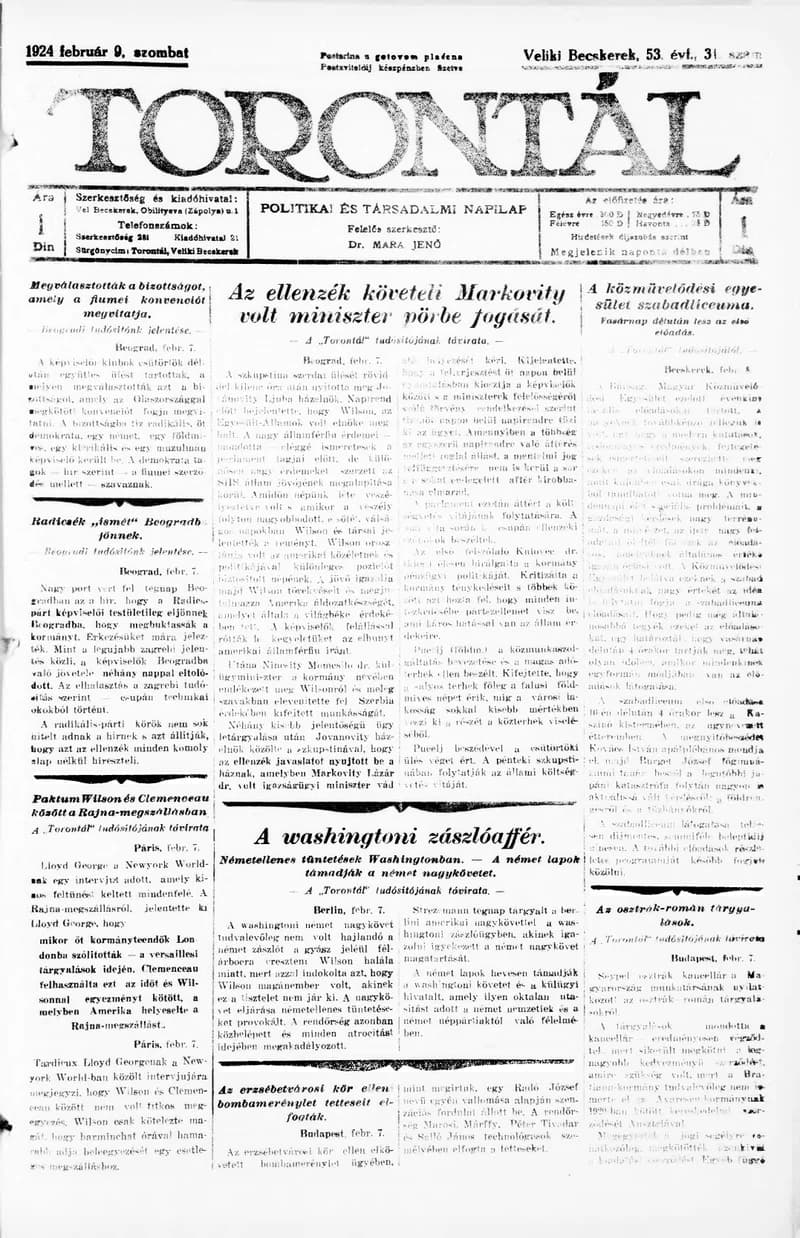 Torontál, 53. évf. 1924. február 9. 31. sz.