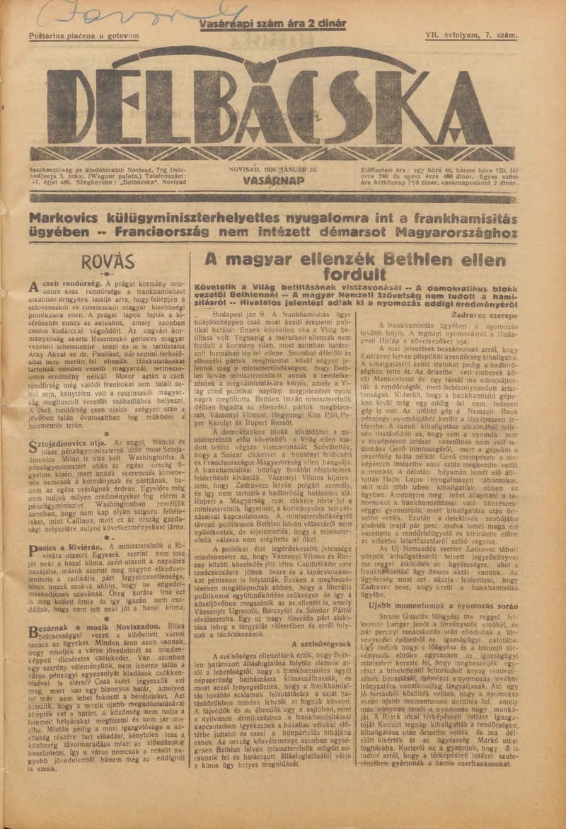 Délbácska, 7. évf. 1926. január 10. 7. sz.