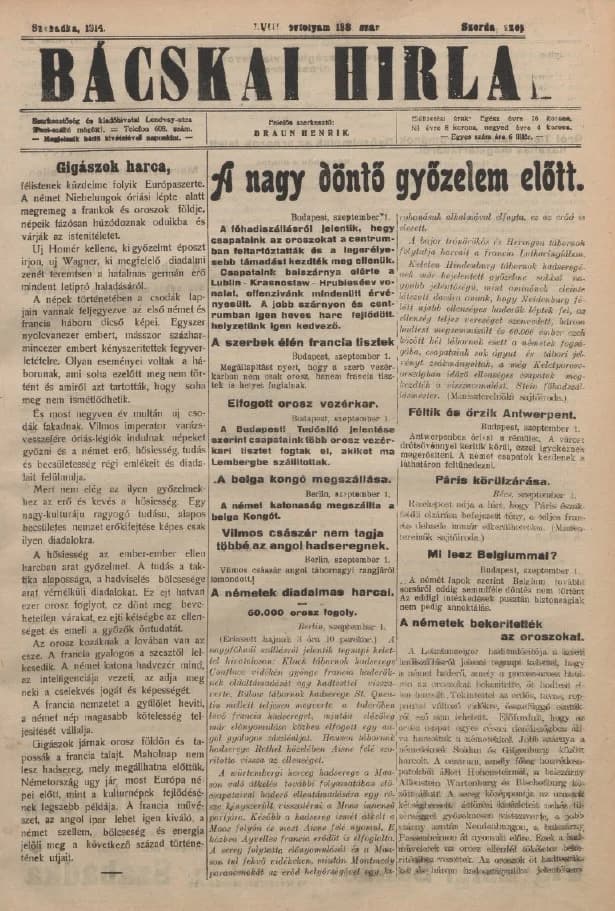 Bácskai Hirlap, 18. évf. 1914. szeptember 2. 198. sz.