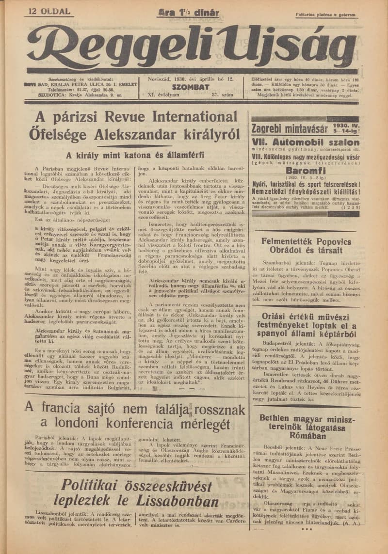 Reggeli Újság, 11. évf. 1930. április 12. 87. sz.