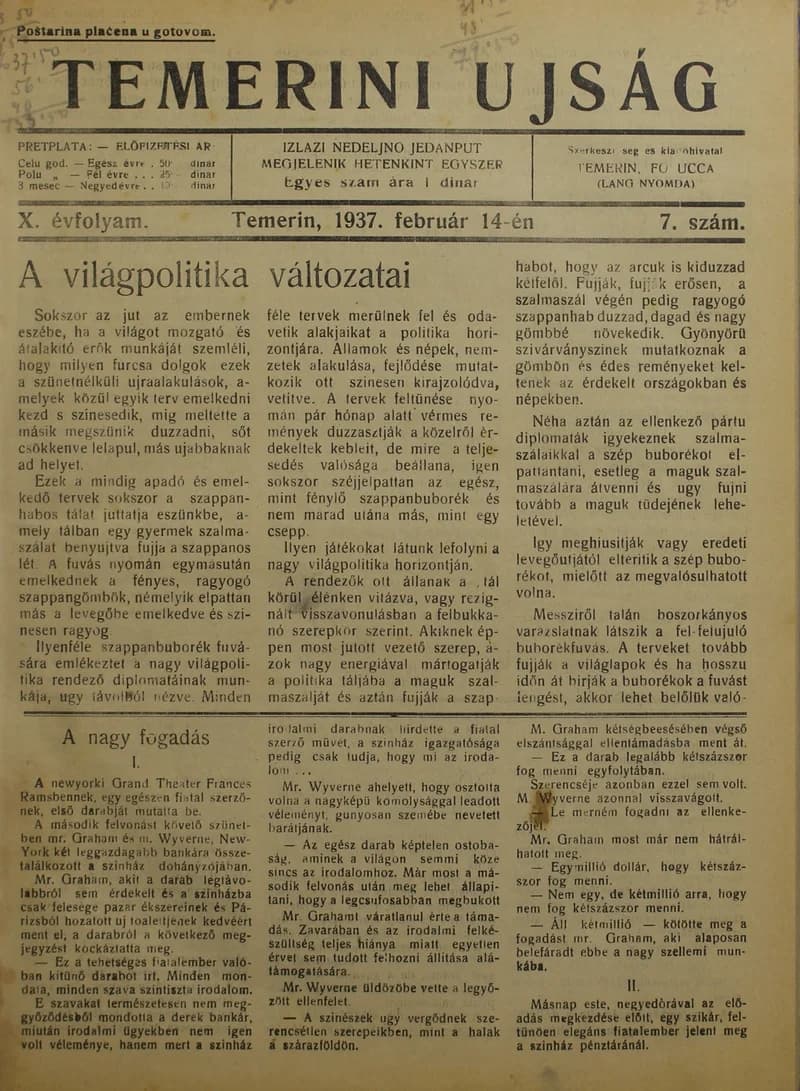 Temerini Újság 1928-1944, 10. évf. 1937. február 14. 7. sz.