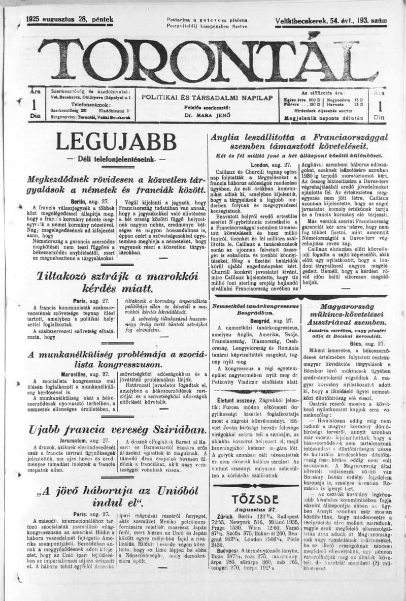 Torontál, 54. évf. 1925. augusztus 28. 193. sz.