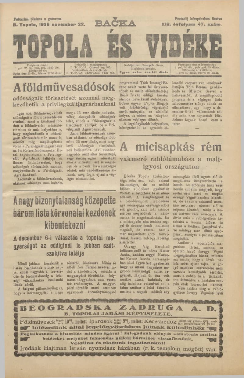 Bačka Topola és Vidéke, 13. évf. 1936. november 22. 47. sz.