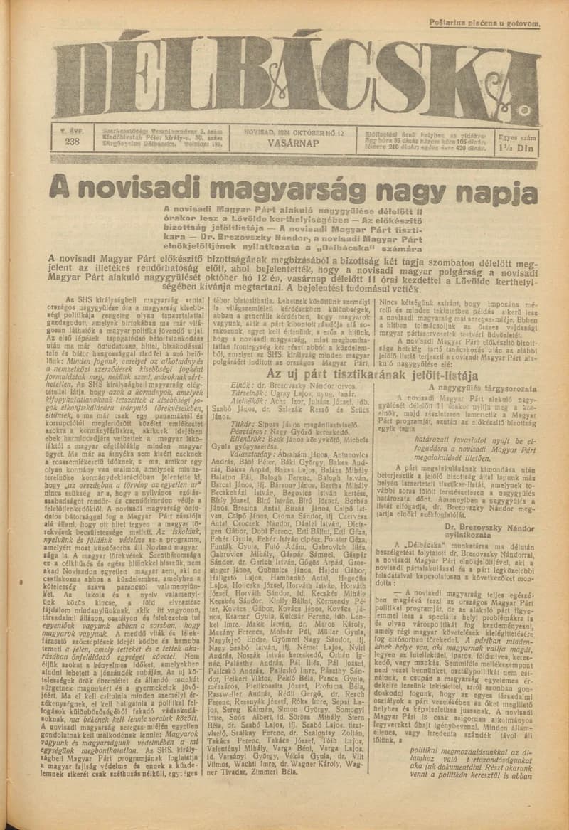 Délbácska, 5. évf. 1924. október 12. 238. sz.