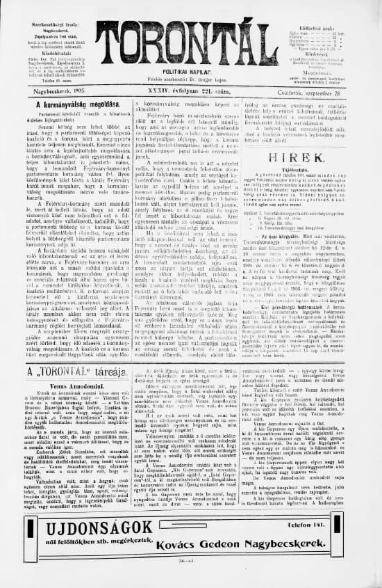 Torontál, 34. évf. 1905. szeptember 28. 221. sz.