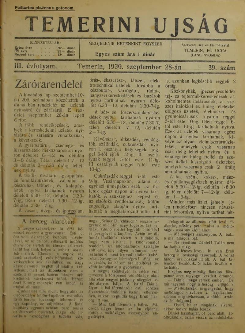 Temerini Újság 1928-1944, 3. évf. 1930. szeptember 28. 39. sz.