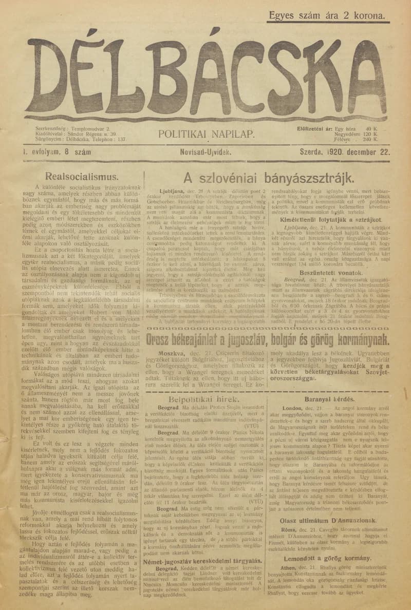 Délbácska, 1. évf. 1920. december 22. 8. sz.