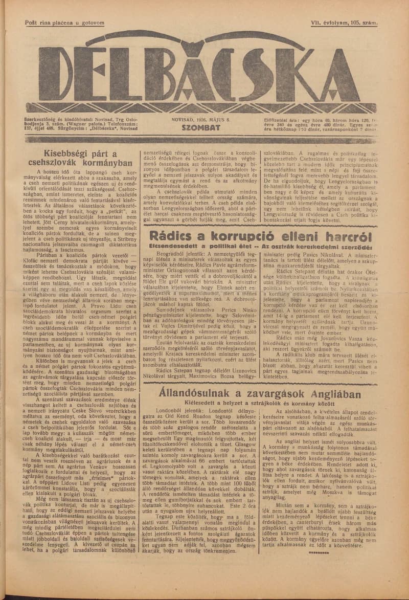 Délbácska, 7. évf. 1926. május 8. 105. sz.