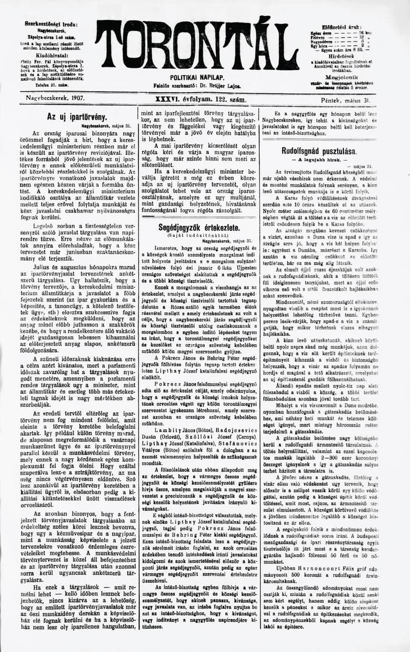 Torontál, 36. évf. 1907. május 31. 122. sz.