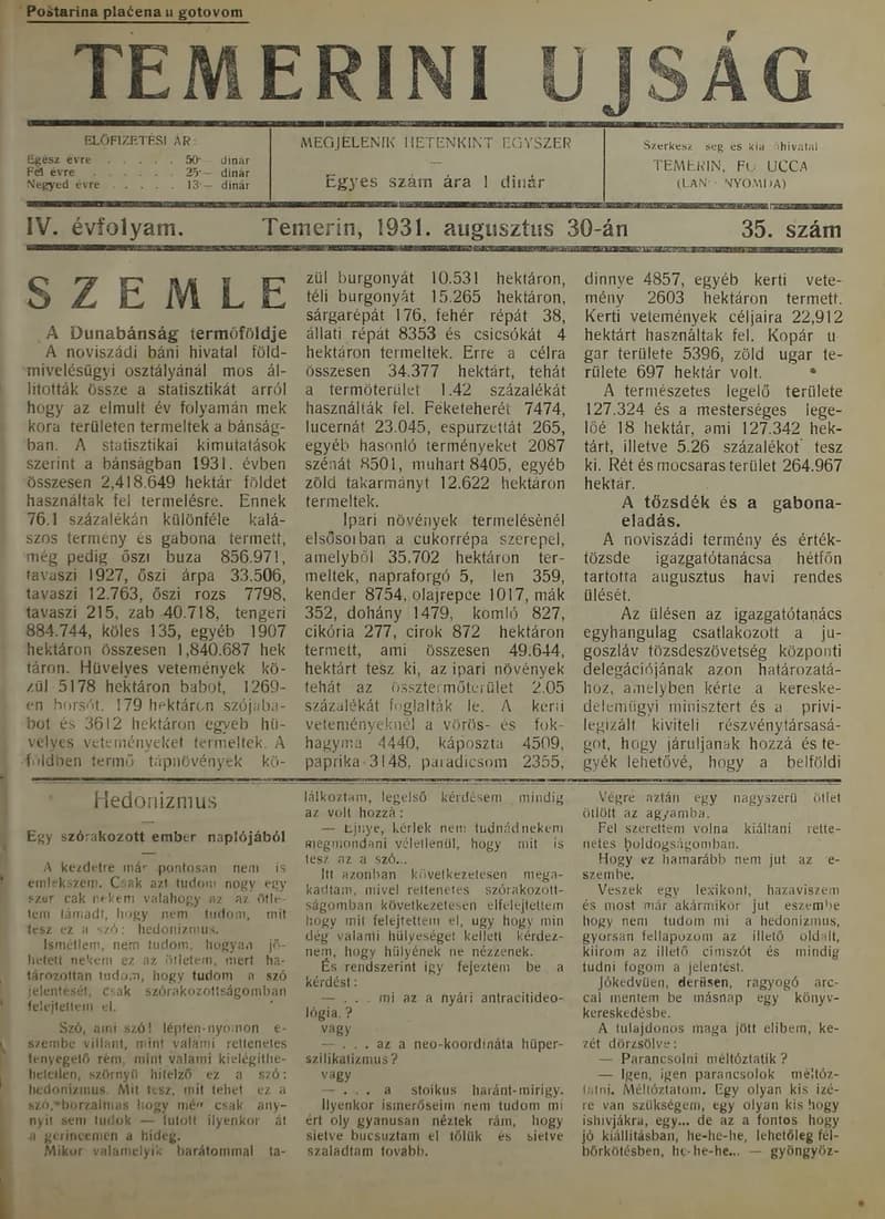 Temerini Újság 1928-1944, 4. évf. 1931. augusztus 30. 35. sz.