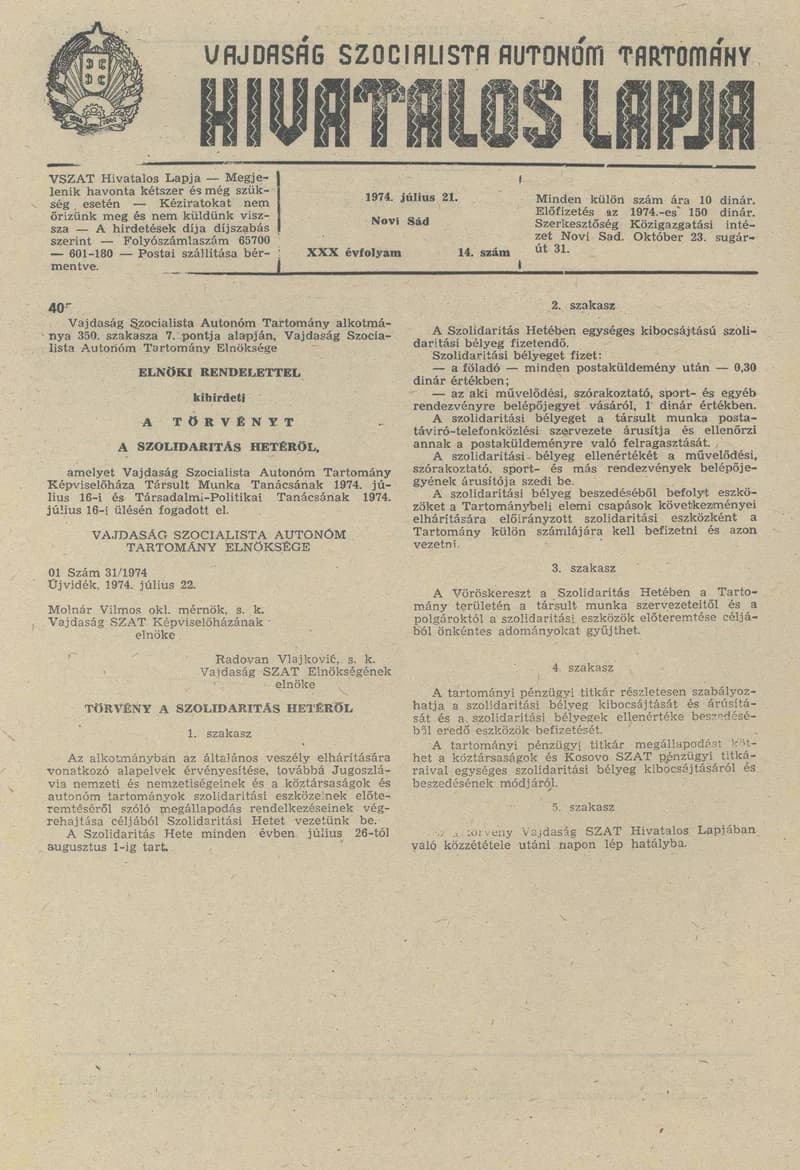 Vajdaság Szocialista Autonóm Tartomány Hivatalos Lapja, 30. évf. 1974. július 21. 14. sz. 593–594. oldal