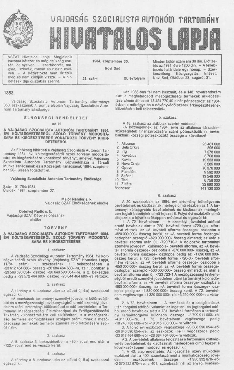 Vajdaság Szocialista Autonóm Tartomány Hivatalos Lapja, 40. évf. 1984. szeptember 30. 28. sz.