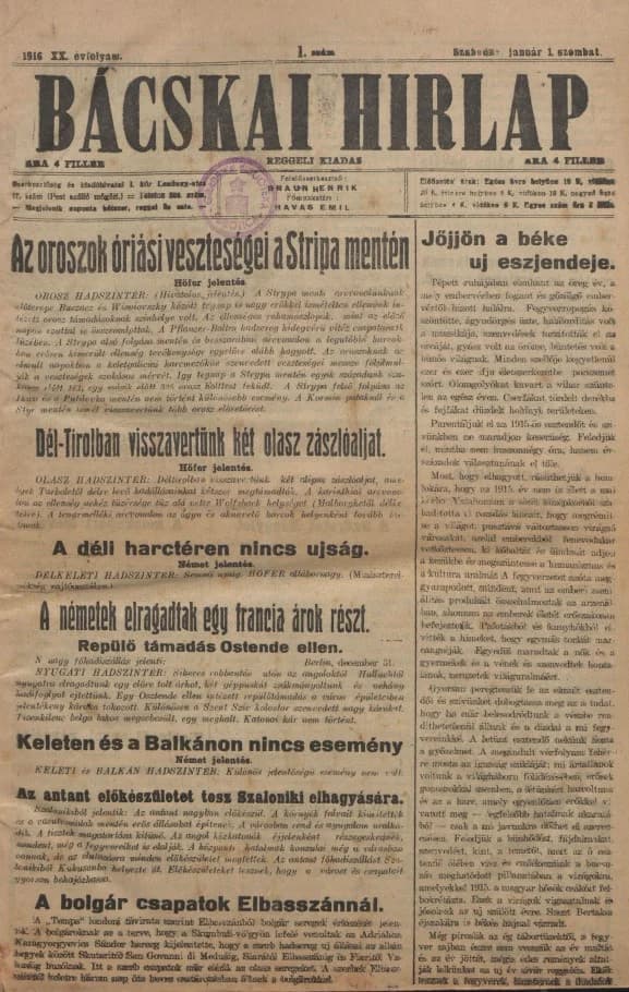 Bácskai Hirlap, 20. évf. 1916. január 1. 1. sz.