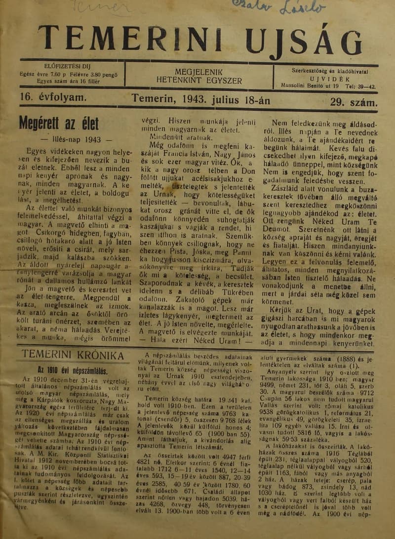 Temerini Újság 1928-1944, 16. évf. 1943. július 18. 29. sz.