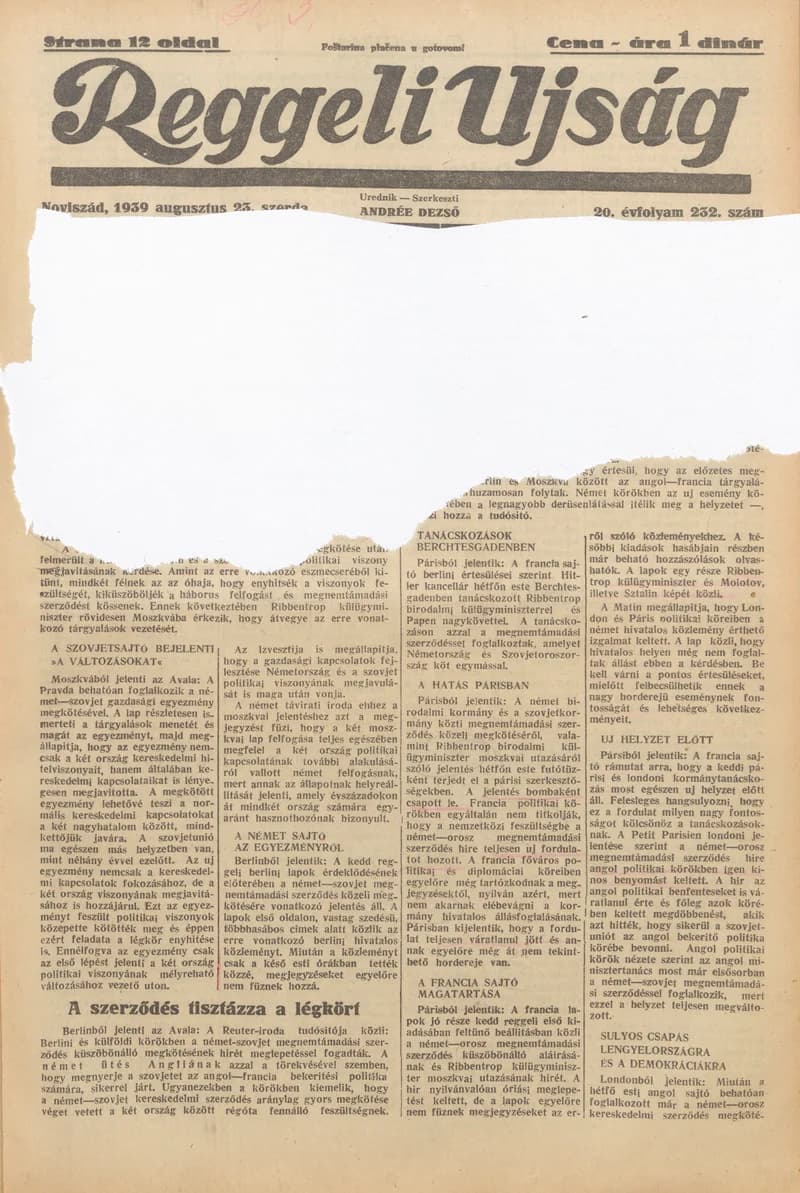 Reggeli Újság, 20. évf. 1939. augusztus 23. 232. sz.