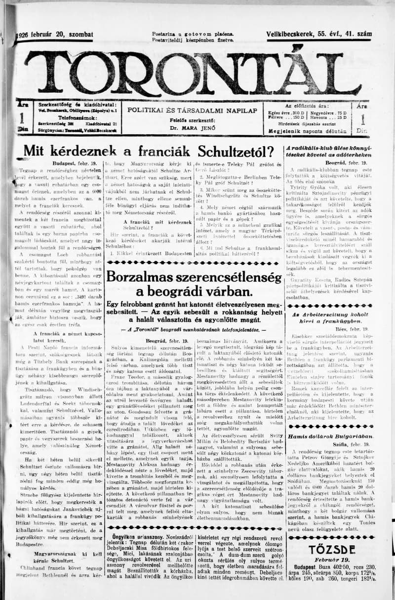 Torontál, 55. évf. 1926. február 20. 41. sz.