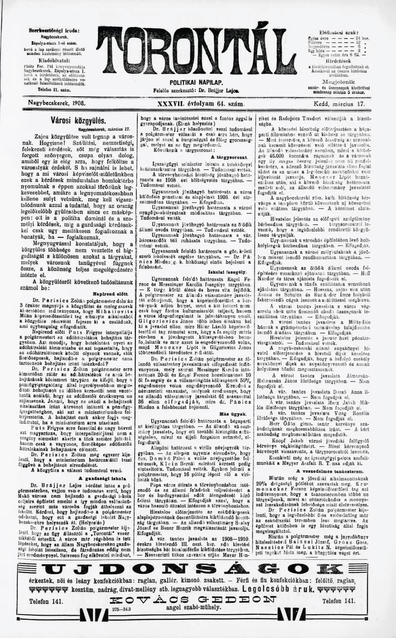 Torontál, 37. évf. 1908. március 17. 64. sz.