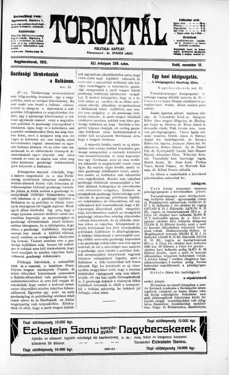 Torontál, 41. évf. 1912. november 12. 259. sz.