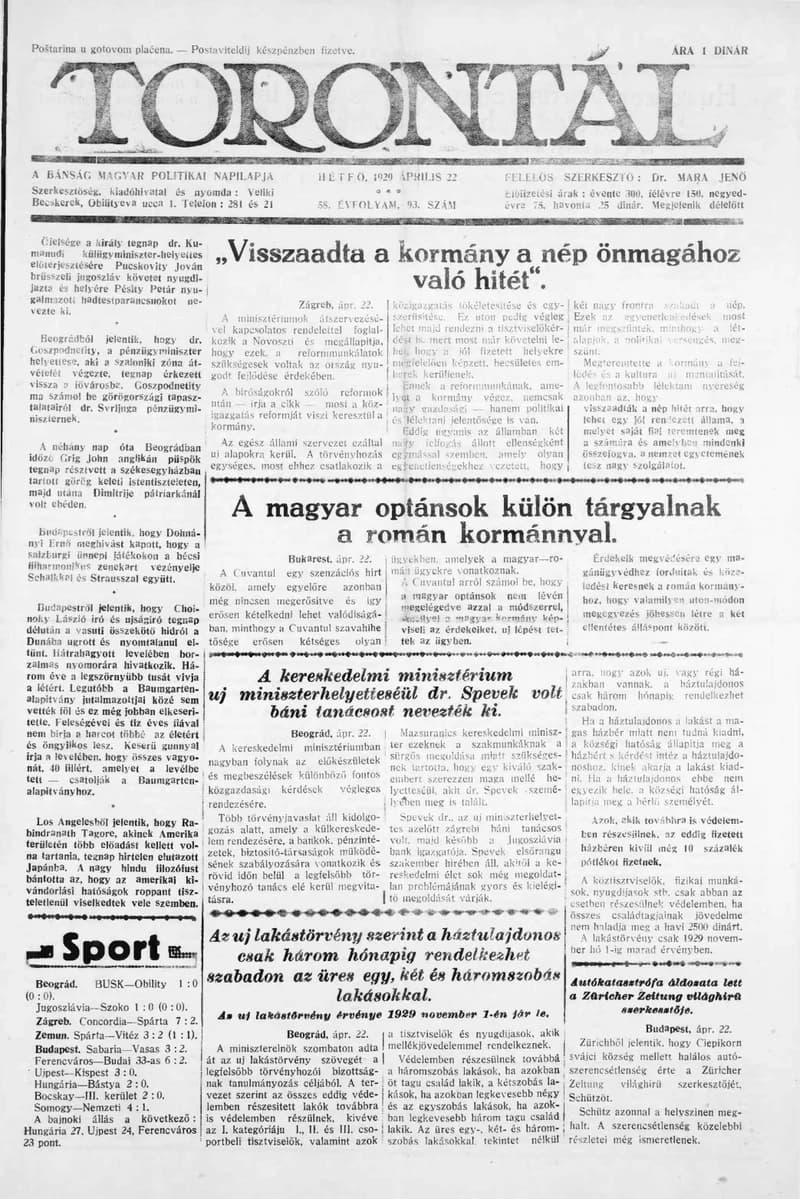 Torontál, 58. évf. 1929. április 22. 93. sz.
