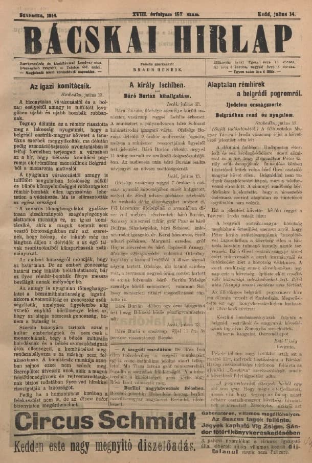 Bácskai Hirlap, 18. évf. 1914. július 14. 157. sz.