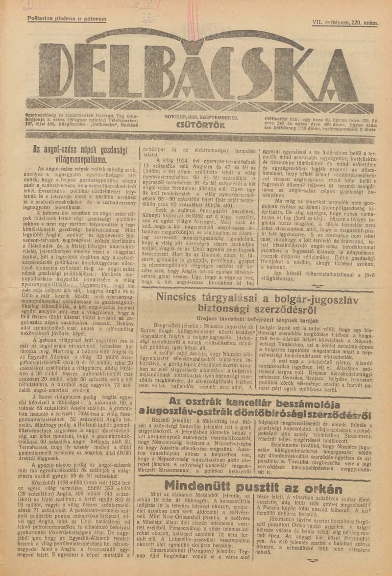 Délbácska, 7. évf. 1926. szeptember 23. 220. sz.