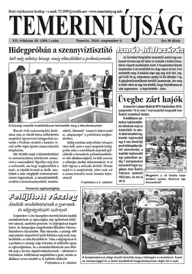 Temerini Újság, 16. évf. 2010. szeptember 9. 36. sz.