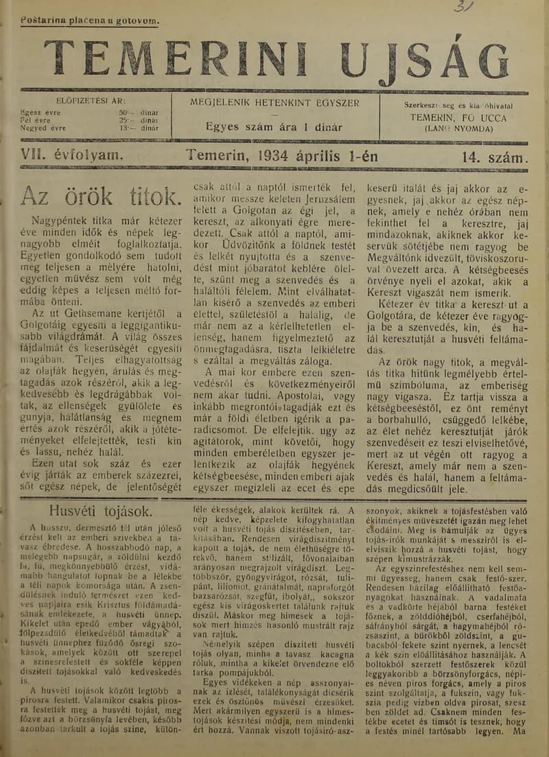 Temerini Újság 1928-1944, 7. évf. 1934. április 1. 14. sz.