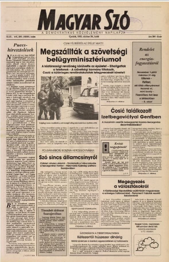 Magyar Szó, 49. évf. 1992. október 20. 289. sz. 1–16. oldal
